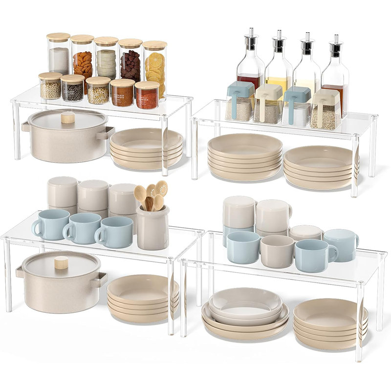 Acrylic Cabinet Shelf Organizer Set Of 4, Large Kitchen Counter Spice Rack For Pantry Storage, Stackable And Expandable Shelf Organizer For Cabinets