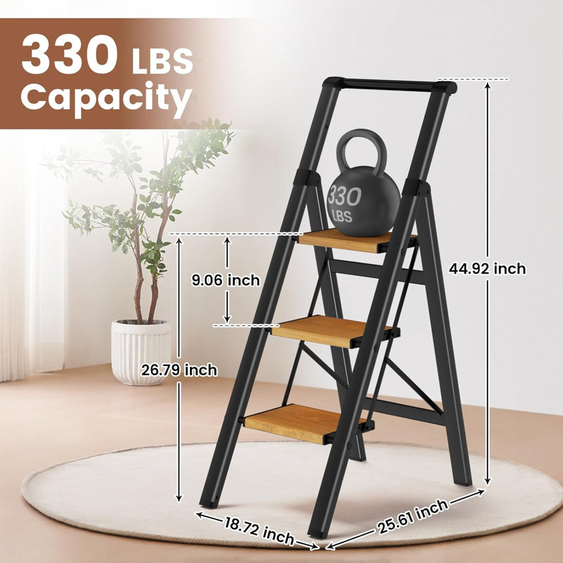3 Step Ladder With Handrails, Foldable Step Stool For Adults, Lightweight Aluminum Stepladder With Non-Slip Pedals, 330 Lbs Capacity, Portable For Home Kitchen Garage Office