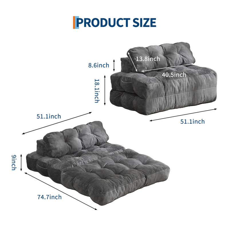 Convertible Folding Sofa Bed with Back Support & Pillow, Foldable Mattress Portable Sleeper Chair Floor Lounge for Living Room or Bedroom, Dark Gray