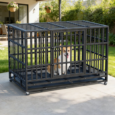 48" Heavy Duty Dog Crate Furniture with Removable Tray,Black Steel Escape Proof,Large Indoor Double Door Dog Cage,Dog Kennel With Lockable Wheels for Medium/Large Dogs