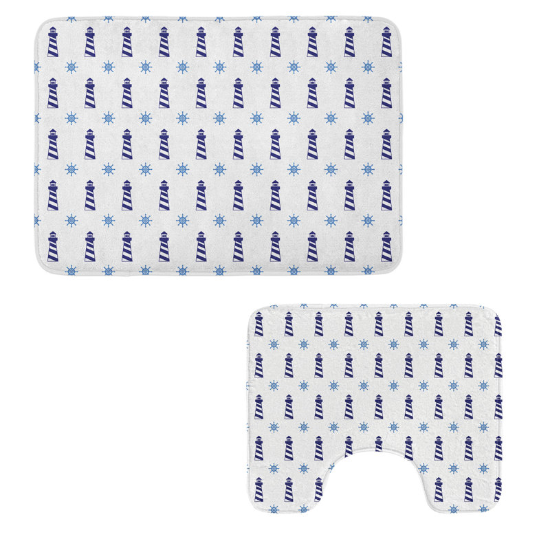  Navy Blue Bathroom Rug Set 2 Pieces Rectangle & Contour Mats Pale Blue Dark Blue