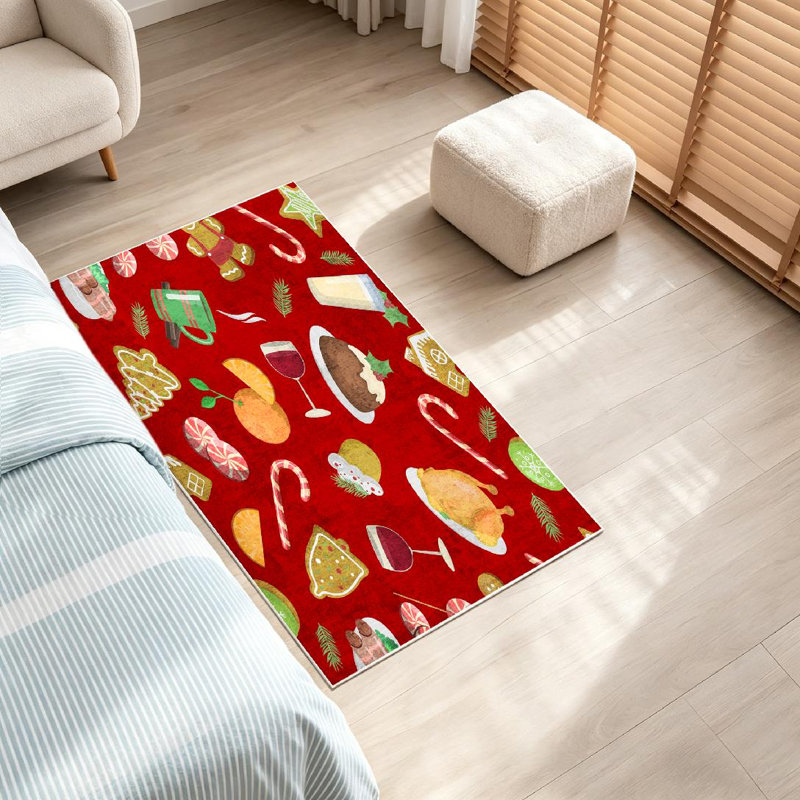 Tapis intérieur rouge lavable à la machine, motif traditionnel de Noël et de nourriture,, Rectangle 71 po x 98 po