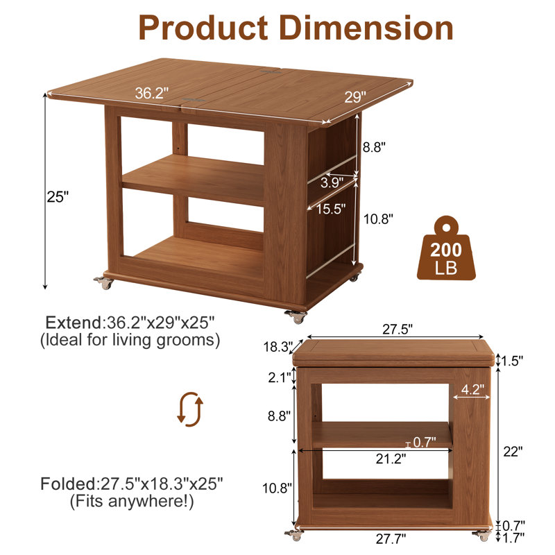 Soild wood Expandable Rolling Coffee Table with Double Storage Shelves, Brown