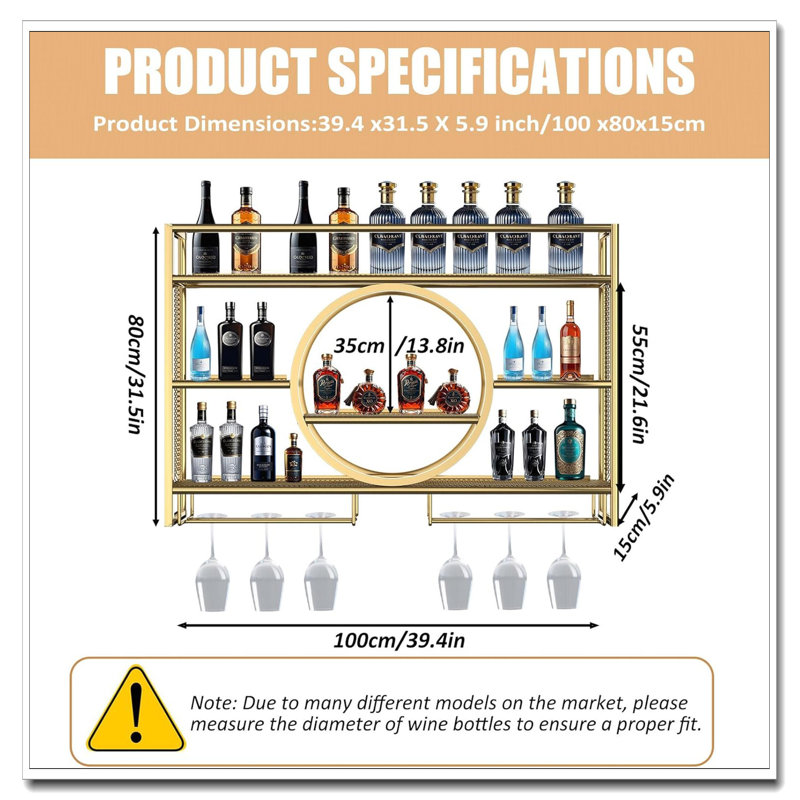 3 Tier LED Metal Wall Wine Rack With Glass Holder Gold Large Capacity Liquor Shelf For Home Bar Dining Room, Gold 