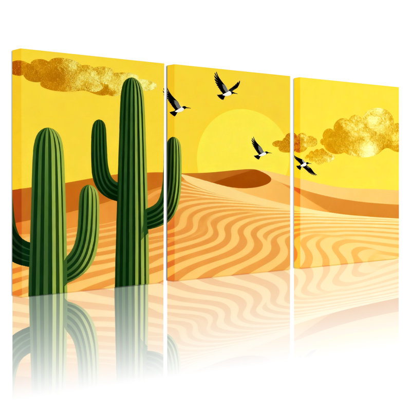 Cactus désert, cactus coucher de soleil, oiseaux, paysage, ensemble de 3 impressions sur toile, H 24 po x l 48 po