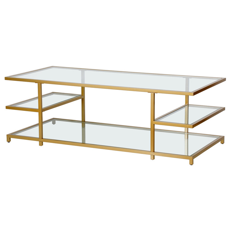 Greenwich 54" Glass And Steel Coffee Table With Three Shelves, Brass
