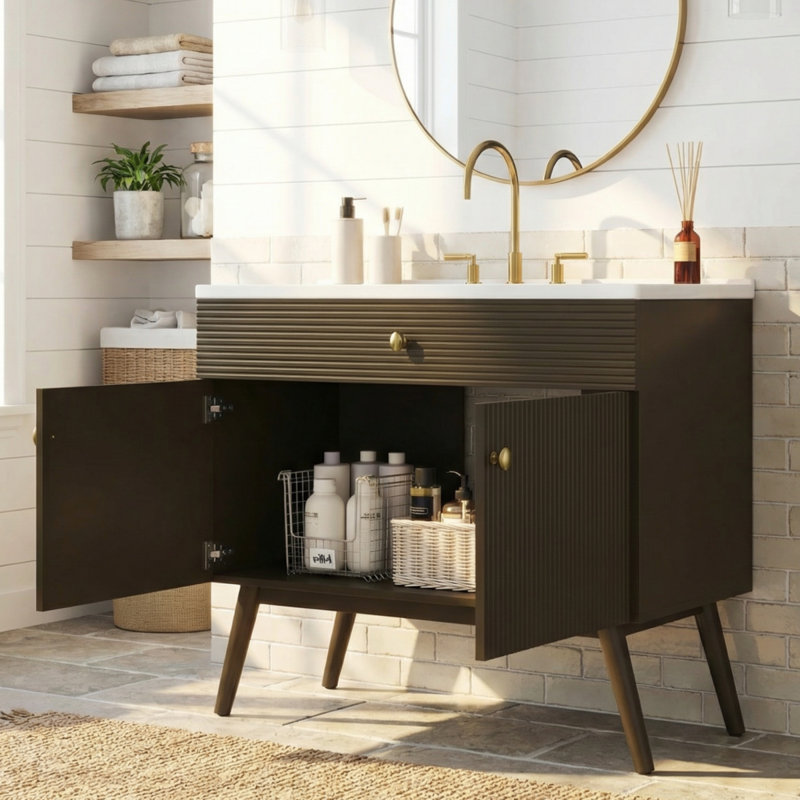 Meuble-lavabo rayé de luxe 36 po, double rangement à fermeture en douceur et lavabo en céramique de qualité supérieure, brun foncé