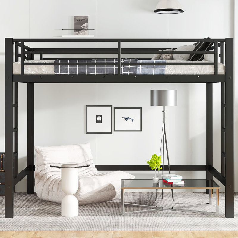 Loft Bed Full Size, Heavy Duty Loft Bed Frame With 2 Build In Ladder And Full Length Guardrail, Easy Assemble, Noise Free Design, No Box Spring Needed, Black