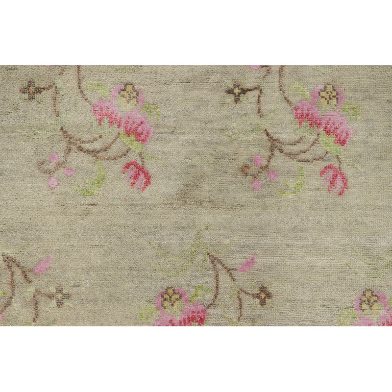 Rug & Kilim’S Block Print Rug, Taupe With Whimsical And Vibrant Floral Patterns, Square 4'
