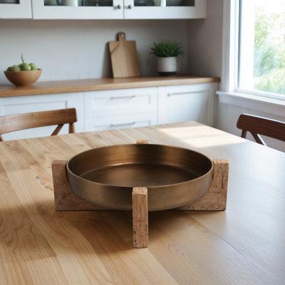 Bowl Metal and Travertine Removable Stand Metallic for Home or Office - 6" Silver