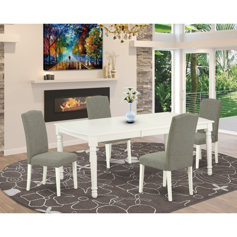 5 Piece Dining Set Includes a Rectangle Kitchen Table with Butterfly Leaf and 4 Dark Shitake Linen Fabric Upholstered Chairs, Linen White