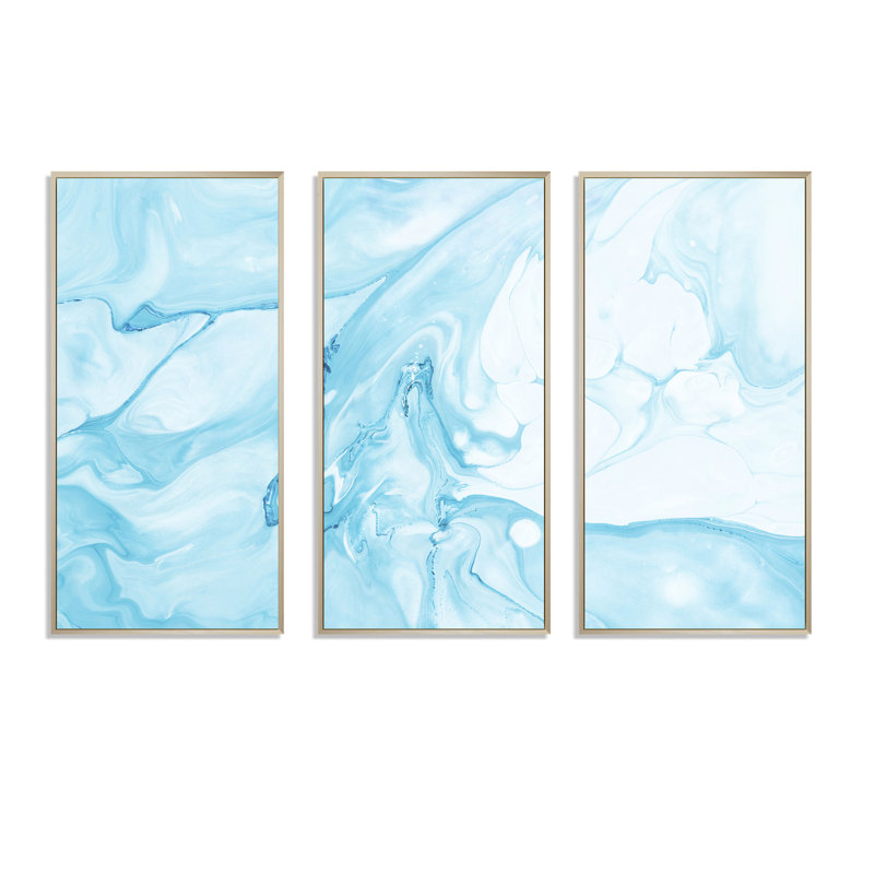 Art liquide en bleu clair et turquoise I - ensemble d'art moderne sur toile encadrée moderne de 3, H 20 po x l 36 po x P 1 po