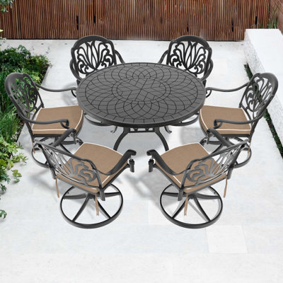 7 chaises de patio pivotantes pour l'extérieur: table de 47,24 po, structure noire, salle à manger résistante à la corrosion toutes saisons