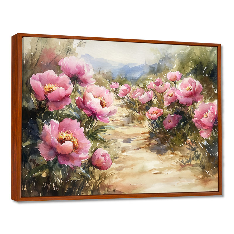 Pivoines le long du chemin de terre - Art mural pivoines, H 30 po x l 40 po, Brun, Impression encadrée flottante