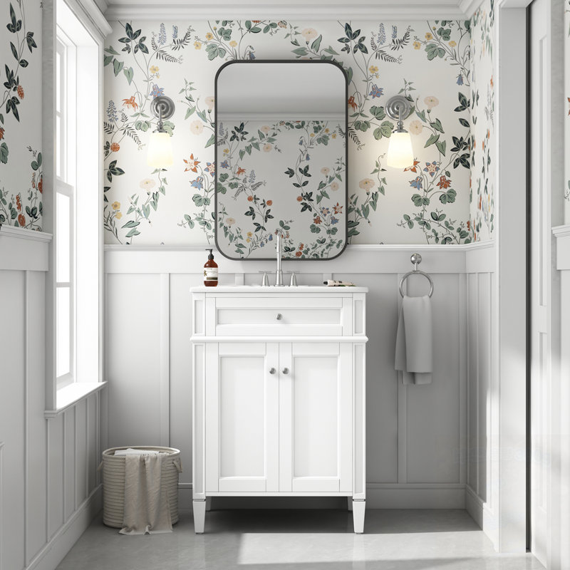 Meuble-lavabo en bois avec lavabo, 2 portes et tiroir basculant, Blanc