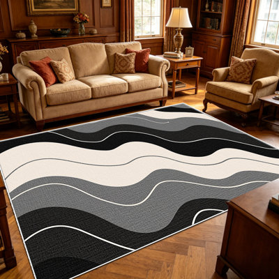 Tapis 1PC noir gris Waves, élégant tapis décoratif polyvalent, facile à nettoyer et à entretenir, pièce de mobilier idéale pour la chambre à coucher, le salon, le couloir, le vestibule, le dortoir et le bureau pour rafraîchir l'ambiance intérieure de votre maison