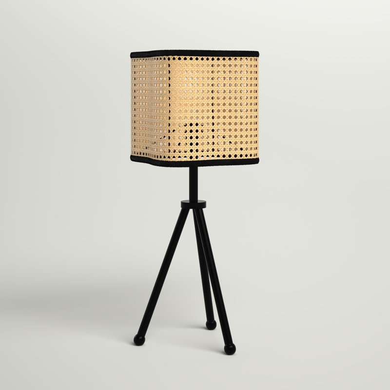 Black Iron Tripod Table Lamp with Rattan Shade