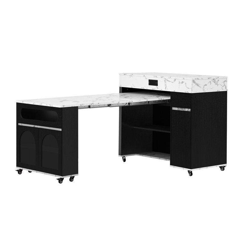 Extendable Dining Table with Extra-Long Folding Top, Rolling Kitchen Island with Drawers, Power Outlet and Brake lock, Storage Cabinet for Kitchen and Dining Room (Black + Marble White)