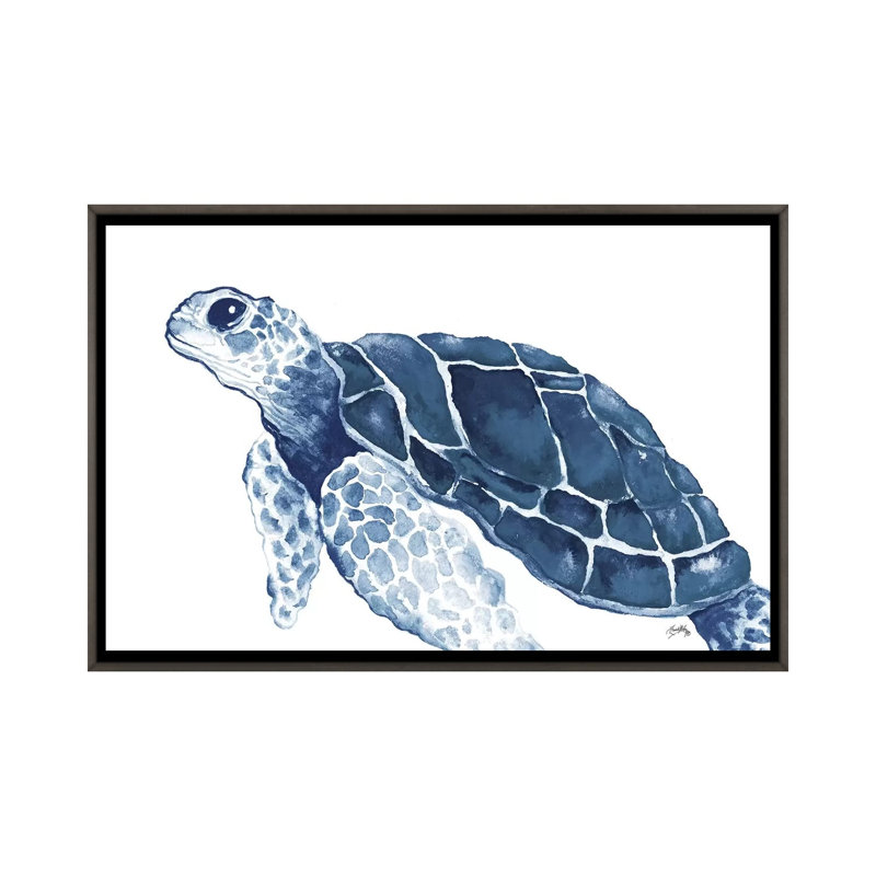 «Turtle in the Blues» par Elizabeth Medley - reproduction d'art, Aucun mat, H 26 po x l 40 po x 1,5 po, Toile avec cadre gris
