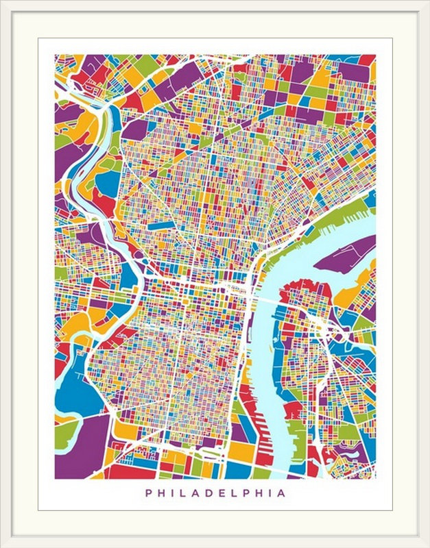 Francy «Philadelphia Pennsylvania Street Map» par Abarca, impression, H 32 po x l 26 po x P 1 po, Cadre blanc