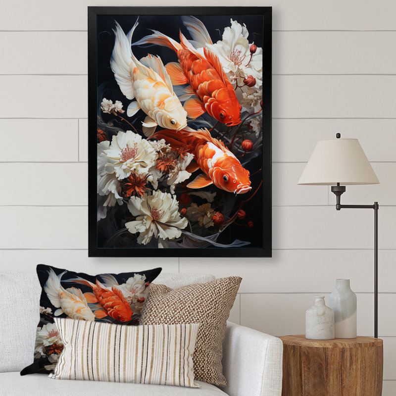 «Fishing Contemporary Koi Fish III», reproduction sur toile, H 32 po x l 24 po x P 1 po, Cadre photo noir