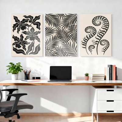 Ensemble de 3 tableaux sur toile à motif floral tropical, palmiers et fougères