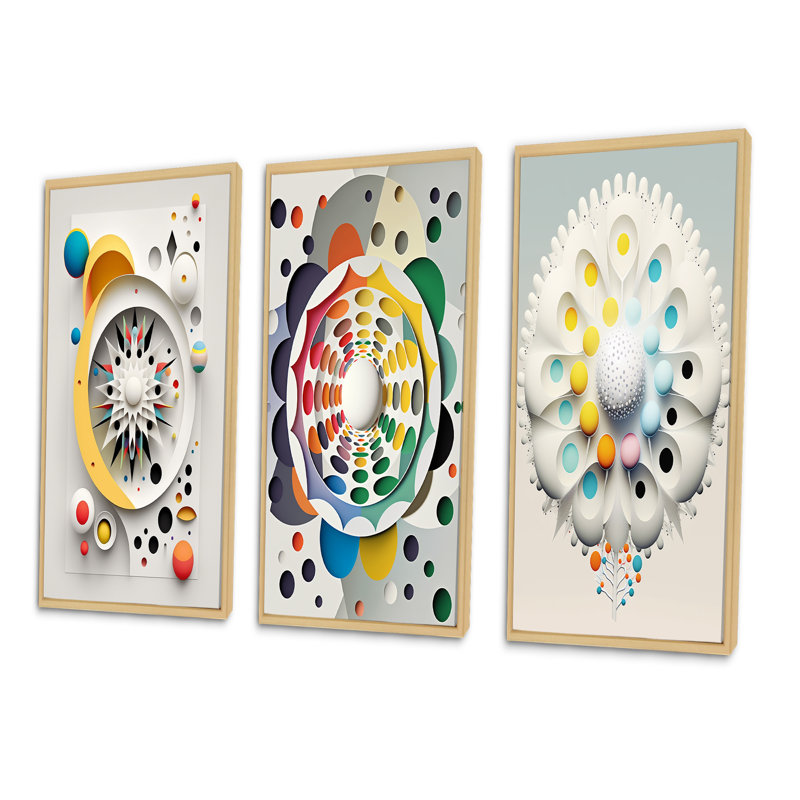 "Métamorphose géométrique de l'éveil I", 3 pièces sur toile, Cadre naturel flottant, H 28 po x l 36 po