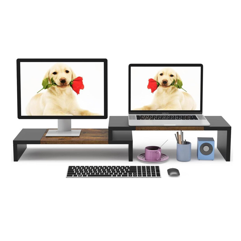 Dual Monitor Stand - Riser 2 Shelf Computer With Adjustable Length And Angle, Stands For Monitors, Desktop Organizer PC, Computer, Laptop
