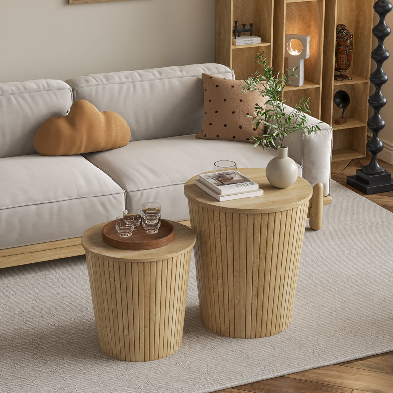 Round Coffee Table Set, Nesting Table Set Of 2, Nesting End Tables, Round Coffee Table With Storage For Living Room, Wood