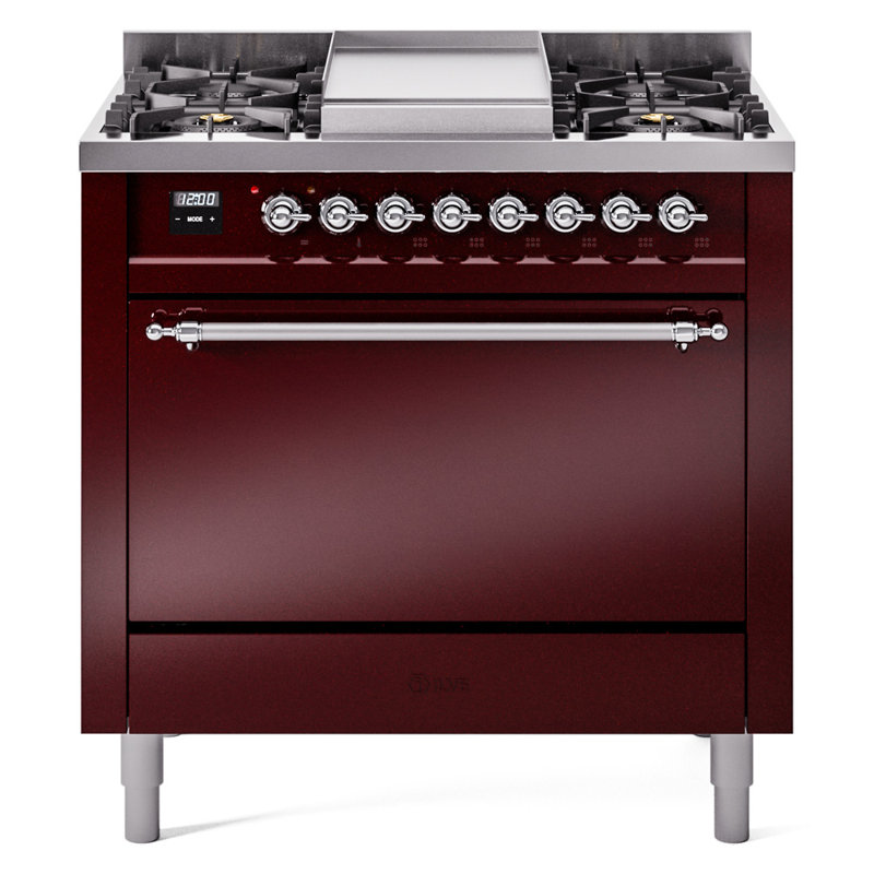 Cuisinière mixte 36 po ILVE Nostalgie II, Gaz naturel, Bourgogne / chrome