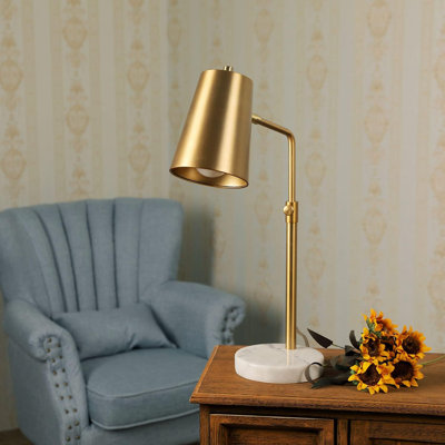 Table Lamp With LED Bulb, Vintage Gold Desk Lamp With Marble Base, Brass Shade, Mid Century Modern Reading Light For Office, 20" Industrial Table Task Lamp For Reading Bedroom Nightstands