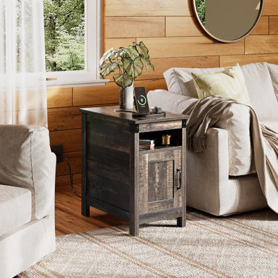 Farmhouse Narrow Side End Table With Charging Station For Living Room, Bedroom, Couch With USB Ports And Outlets, Nightstand With Storage
