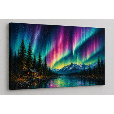Grandes aurores boréales, art mural sur toile 24 x 36 pouces, Aurore boréale, ciel nocturne, peinture, arbres de pin, pour salon, chambre à coucher - prêt à être accroché