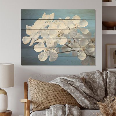 Soft Neutral Tones Portray Hydrangea Blooms - Hydrangea Wood Wall Art On Natural Pine Wood