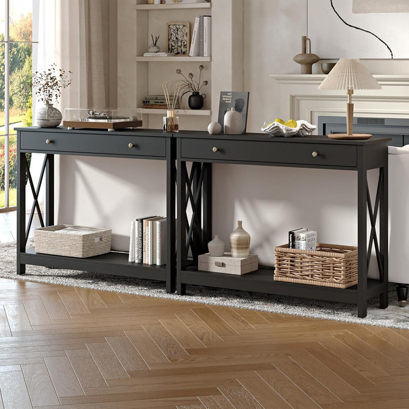 Black Console Table With Drawer And Storage Shelves, Foyer Sofa Table Narrow For Entryway, Living Room, Hallway