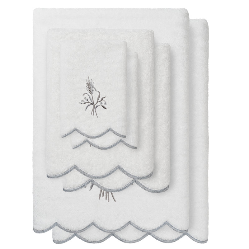  Ensemble de serviettes 100% coton festonné 100% coton WHITNEY, Blanc / Gris, Ensemble 6 serviettes de bain