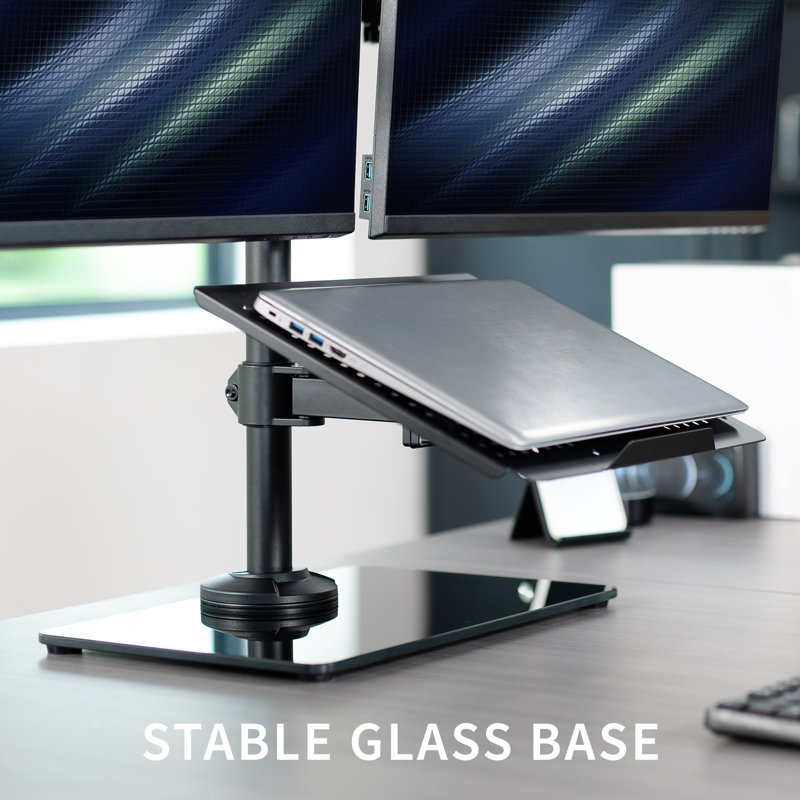 VIVO Laptop and Dual Monitor Desk Stand with Glass Base, Fits up to 32" Screen