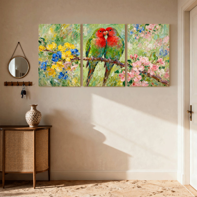 Oiseaux oiseaux colorés sur des branches fleuries, ensemble de 3 impressions sur toile, H 30 po x l 60 po