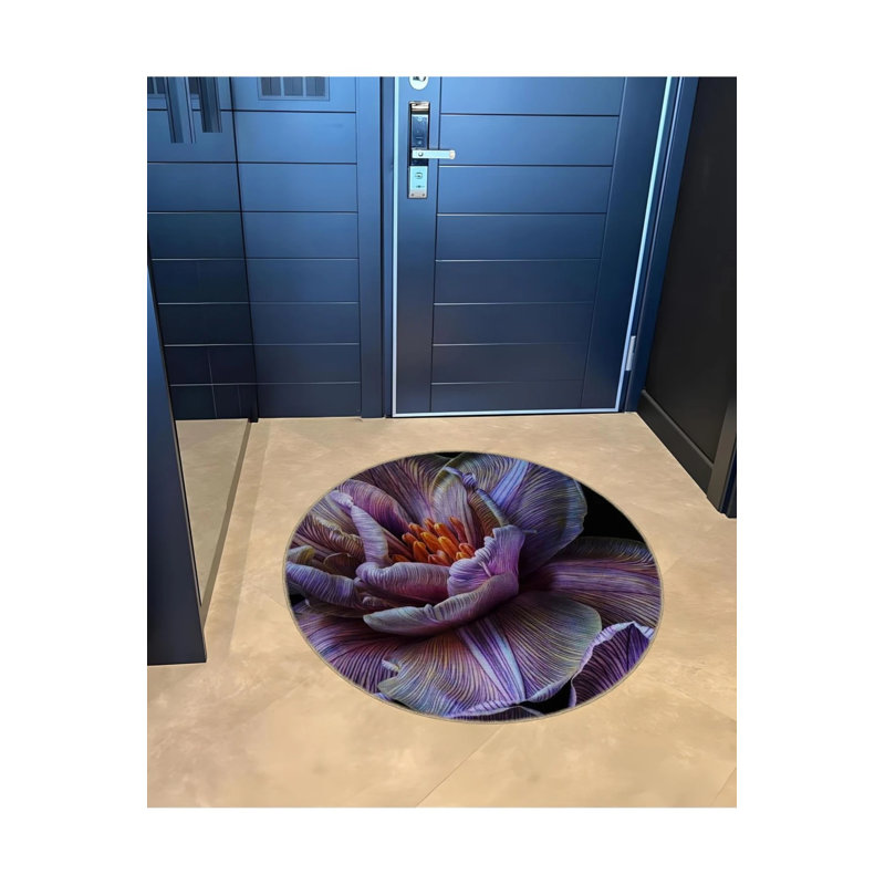 Purple Flower Woven Base Modern Decorative Carpet, Round 5'