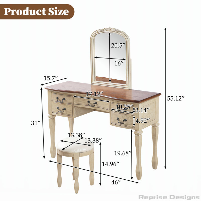 Coiffeuse de maquillage rétro avec miroir à cadre floral courbé, 5 tiroirs et tabouret en cuir pour un décor de chambre à coucher élégant