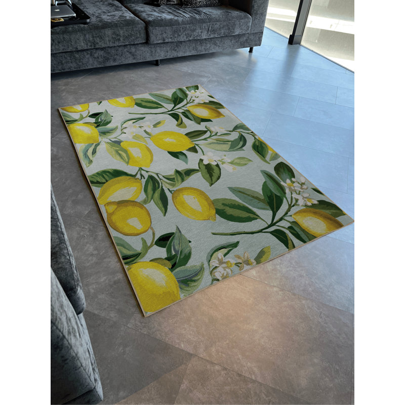 Light Blue-Themed Tree Branch and Lemon Patterned Modern Decorative Rug, Rectangle 4'11" x 7'6"