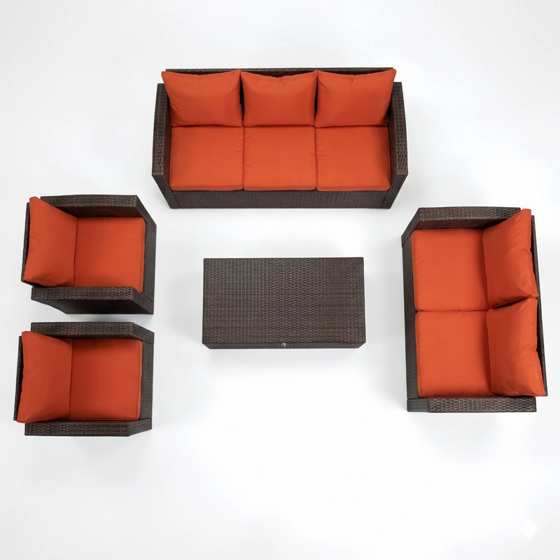Ana 7-Person Outdoor Wicker Patio Conversation with Light Blue Cushions & Storage, Orange/Dark Brown