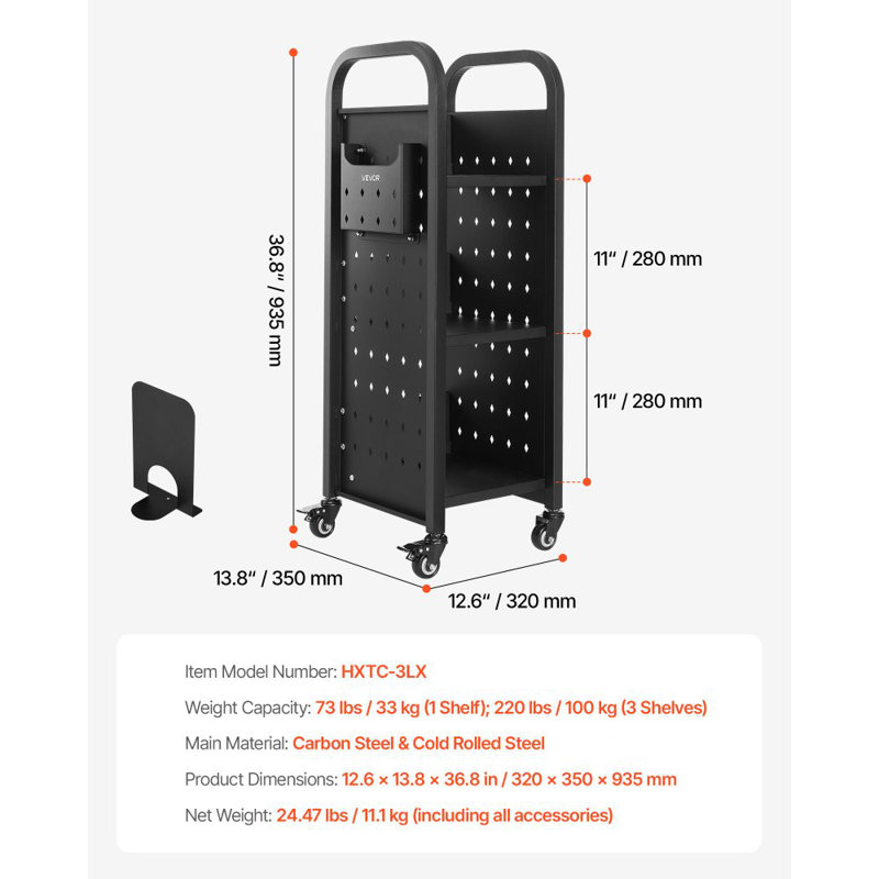 Chariot à livres à 3 niveaux, Noir, H 36,8 po x l 12,6 po x P 13,8 po