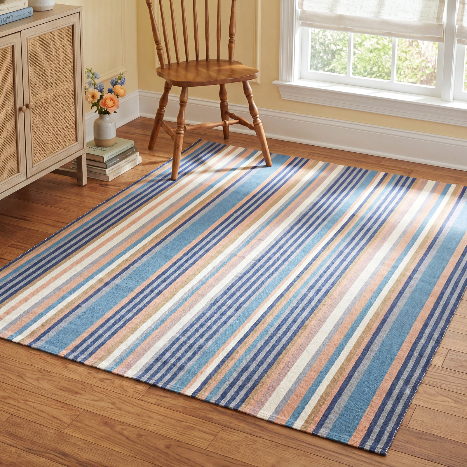 Edeline Blue Cream Gray Hand-Woven Striped Rug, Rectangle 4' x 6'
