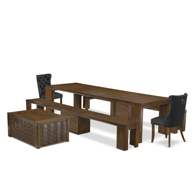6 Pc Extendable Dining Set Includes a Rectangle Kitchen Table, 1 Coffee Table, 2 Dark Gray Chairs, and 2 Modern Benches, Antique Walnut