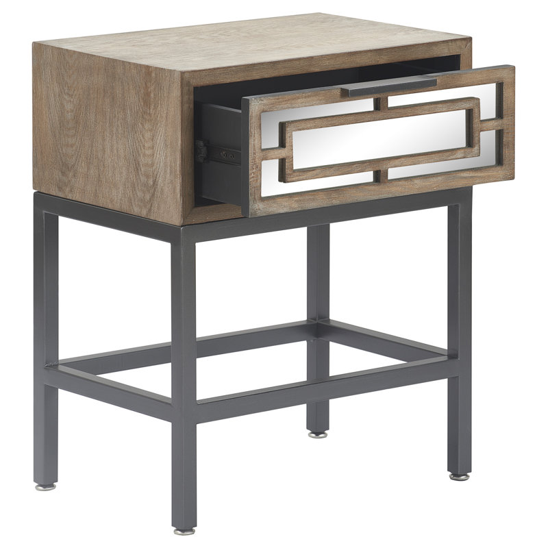 Table d'appoint Tommy Hilfiger Hayworth, tiroir de rangement en miroir avec revêtement en bois, base en métal, gris cendré