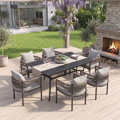 6-Person Rectangular Patio Dining Set with 60" Dining Table and 6 Rattan Cushioned Chairs