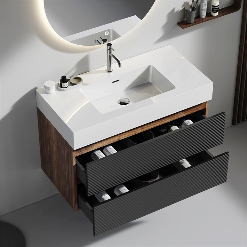 Meuble-lavabo en noyer de 36 po Grace avec lavabo à surface solide brillante et tiroirs souples