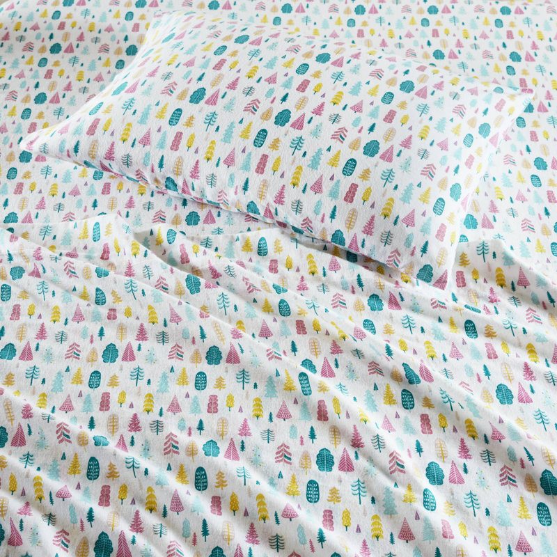 Cotton Flannel Printed Sheet Set White Holiday Trees, Twin XL Sheet Set