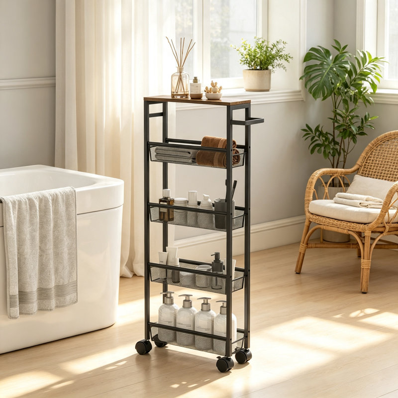 5 Tier Slim Storage Trolley with Wheels Metal Kitchen Cart with Wood Effect Top and Handle for Kitchen Bathroom Laundry Room Bedroom Black